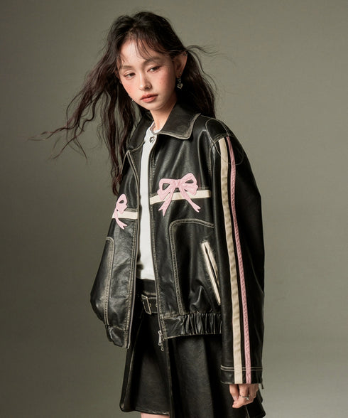 Ribbon Patchwork Faux Leather Jacket
